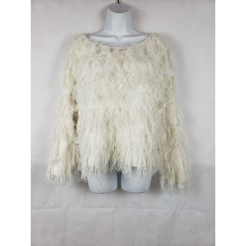 Promesa S/M Women's White Faux Fur Knit Sweater Hand Wash Long Sleeve Crop
